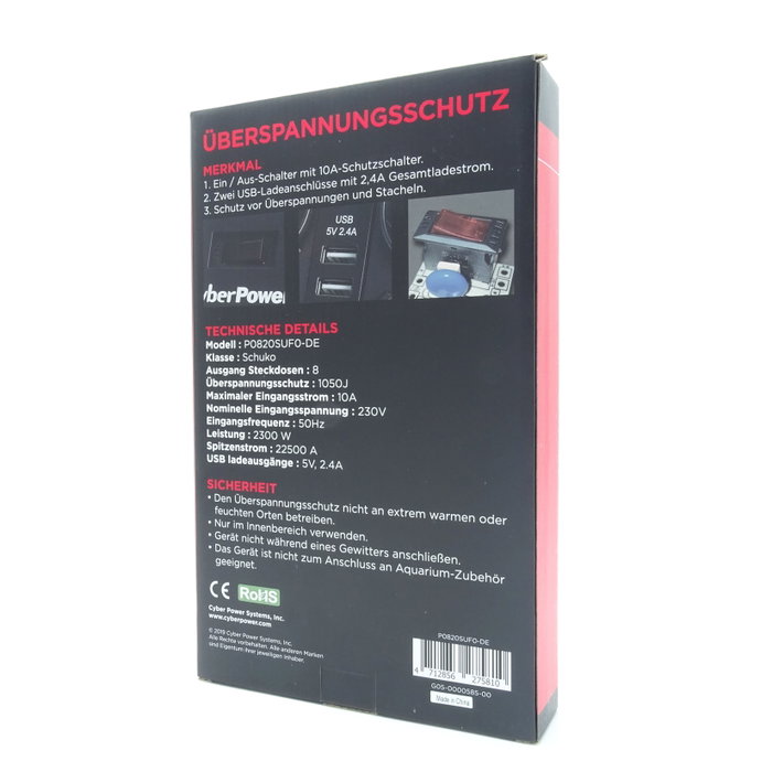 Cyberpower Regleta P0820SUD0-DE con 8 Tomas y 2 USB Negra